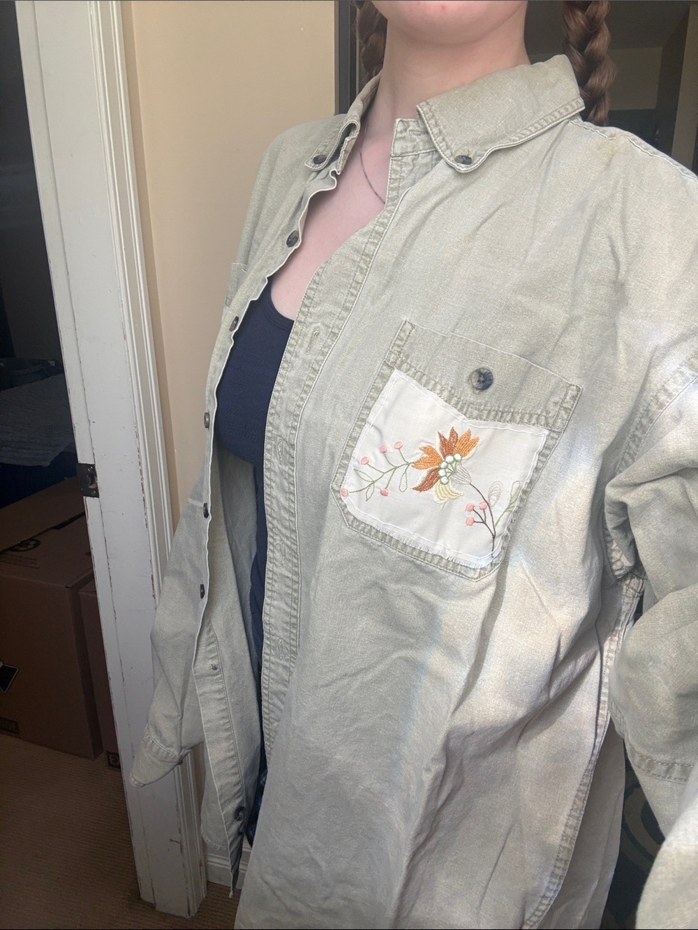 WindRiver Upcycled Casual Beige Button-Down Shirt with Patchwork Pockets - Picture 6 of 11
